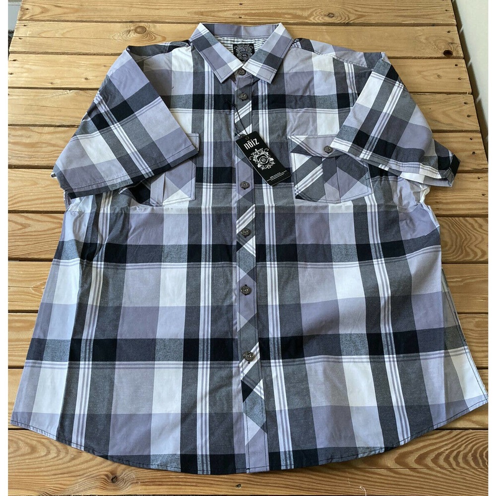 NWT Noiz Men’s Plaid Button Up Shirt Big Size 5XL Black Short Sleeve MSRP $49.99
